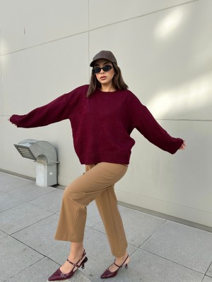 Minaaise Kadın Bordo Triko Kazak Oversize 30056