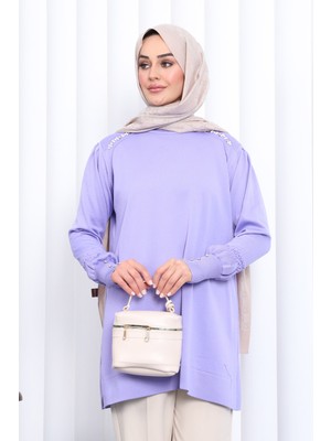 İmaj Butik Lila Omuz Taşlı Soguk İplik Triko Tunik