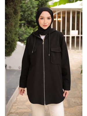 İmaj Butik Siyah Kapşonlu Fermuarlı Kaşe Ceket