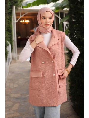 İmaj Butik Gül Kurusu Kruvaze Yaka Cepli Buklet Yelek