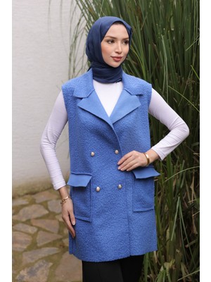 İmaj Butik İndigo Kruvaze Yaka Cepli Buklet Yelek