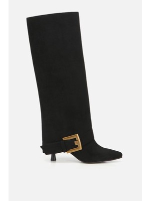 Yaya By Hotiç Kadın Süet Siyah Pantolon Görünümlü Tokalı Topuklu Çizme