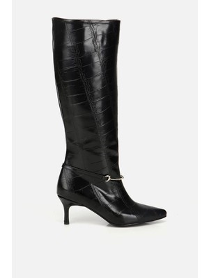 Yaya By Hotiç Kadın Siyah Kroko Ince Kemerli Tokalı Topuklu Çizme