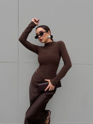 Minaaise Örme Kumaş Taşlı Bluz Kahve