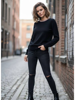 Yusgos Kadın Bisiklet Yaka Çelik Örgü Yaka Çizgili Yüksek Kaliteli Triko