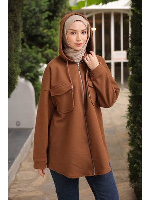 İmaj Butik Taba Kapşonlu Fermuarlı Kaşe Ceket