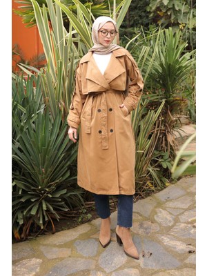İmaj Butik Camel Kruvaze Yaka Astarlı Trençkot