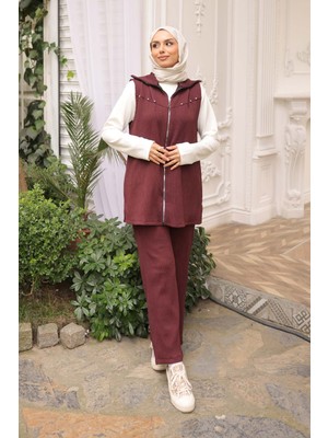 İmaj Butik Bordo Fitilli Yelek Tunik Pantolonlu Üçlü Takım