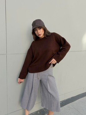 Minaaise Kadın Kahve Triko Kazak Oversize 30056