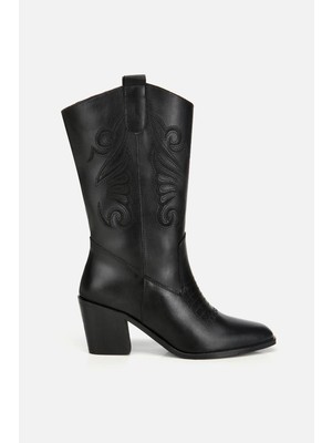 Yaya By Hotiç Kadın Siyah Işleme Detaylı Kovboy Western Topuklu Bot