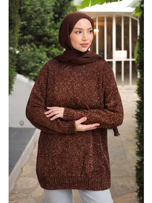 İmaj Butik Kahverengi Bisiklet Yaka Simli Triko Kazak