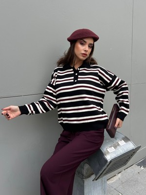 Minaaise Kadın Siyah Triko Kazak Polo Yaka Çizgili Kazak 5259