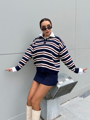 Minaaise Kadın Lacivert Triko Kazak Polo Yaka Çizgili Kazak 5259