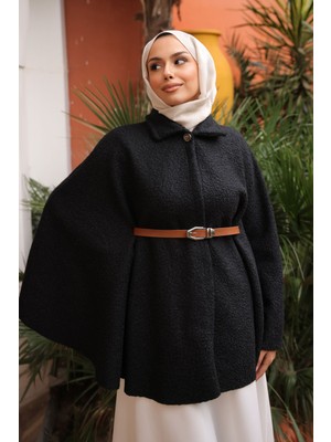 İmaj Butik Siyah Kemerli Buklet Panço