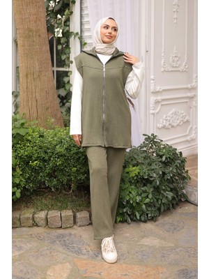 İmaj Butik Haki Fitilli Yelek Tunik Pantolonlu Üçlü Takım