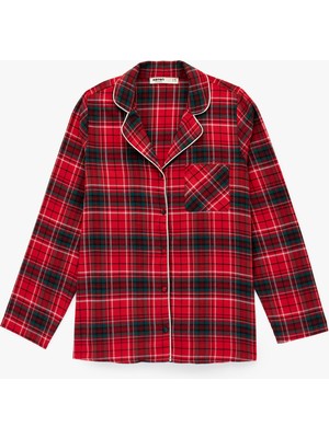 Koton Pamuklu Uzun Kollu Gömlek Yaka Yılbaşı Desenli Ekoseli  Pijama Üstü