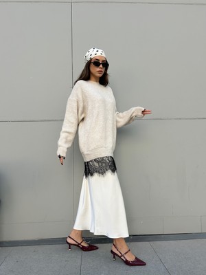 Minaaise Kadın Taş Triko Kazak Dantel Detaylı 4514