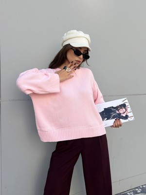 Minaaise Kadın Pembe Triko Kazak Oversize 30056