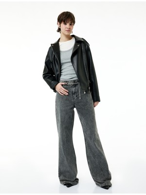 Koton Zincir Kemer Detaylı Normal Bel Yıkamalı Ispanyol Paça Jean Pantolon - Flare Jeans