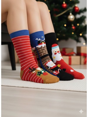 Biricik İç Giyim Yeni Yıl, Yılbaşı, Noel, Renkli Havlu Çoraplar, Geyikli, Noel Babalı, Desenli 3 Lü Paket (3 Adet)