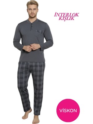 Alimer Erkek Füme Ekose Desen Likralı Pamuk Uzun Kol Kışlık İnterlok Göğüs Cepli Pijama Takımı