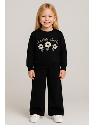 Zepkids Bisiklet Yaka Papatya Nakışlı Siyah Renk Kız Çocuk Eşofman Takım