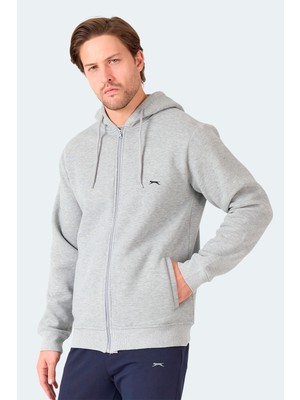 Slazenger MAJESTIC  I Erkek Fermuarlı Kapüşonlu Cepli Gri / Beyaz Sweatshırt