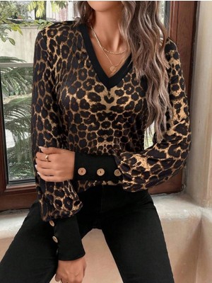 Çamaşır Kenti Kadın Uzun Kollu V Yakalı Desenli Süprem Bluz