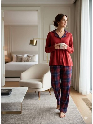 Limissi Kadın Modal Kumaş %100 Pamuk Ekose Lüx Pijama Takımı