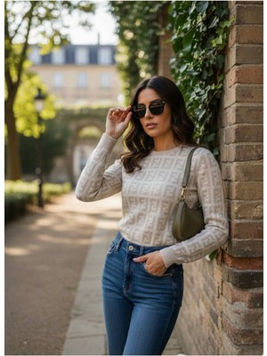 Yusgos Kadın Bisiklet Yaka Harf Desenli Yüksek Kaliteli Triko Kazak