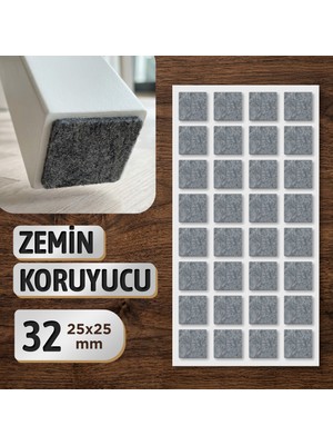 Badem10 Zemin Koruyucu Keçe 25X25 mm Yapışkanlı (32'li Paket) Masa Sandalye Mobilya Koltuk Ayak Keçesi Kare