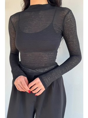 Gülseli Kadın Dik Yaka Likralı Transparan Bluz P-00019662