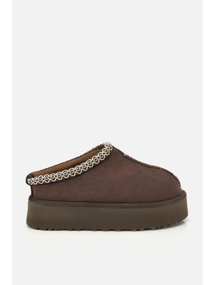 Yaya By Hotiç Kadın Süet Kahverengi Dikiş Detaylı Içi Kürklü Yüksek Tabanlı Yarım Bot Terlik