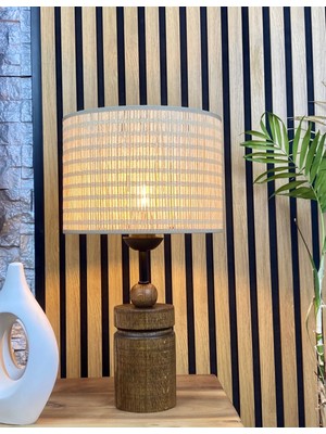 Decodelight Ahşap Ceviz Renk Silindir Ayaklı Hazeran Hasır Şapkalı Abajur Masa Lambası Modelleri