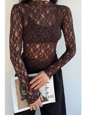 Gülseli Kadın Dik Yaka Likralı Transparan Bluz P-00019006