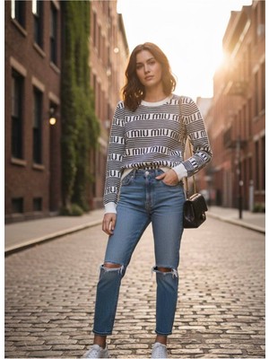 Yusgos Kadın Bisiklet Yaka Çelik Örgü Çizgili Yazılı Triko Kazak