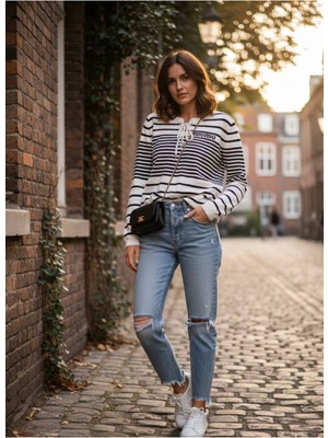 Yusgos Kadın Bağlamalı Yaka Çizgili Çelik Örgü Triko Kazak