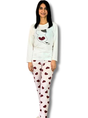 Yusgos Kadın Kedi Motifli Kalp Desenli Pijama Takımı (bordo-beyaz) Beyaz
