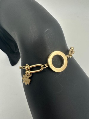 Stainless Steel Gold Renk Çiçek Detaylı Kilitli Kalın Zincir Çelik Bileklik