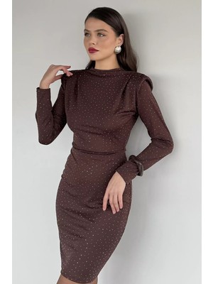 Gülseli Kadın Dik Yaka Omuz Vatkalı Taşlı Likralı Abiye Elbise P-00019729