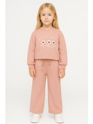 Zepkids Bisiklet Yaka Papatya Nakışlı Gül Kurusu Renk Kız Çocuk Eşofman Takım