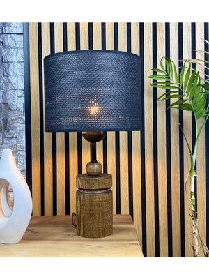 Decodelight Ahşap Ceviz Renk Silindir Ayaklı Hazeran Hasır Şapkalı Abajur Masa Lambası Modelleri