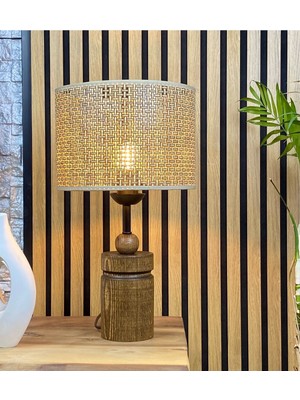 Decodelight Ahşap Ceviz Renk Silindir Ayaklı Hazeran Hasır Şapkalı Abajur Masa Lambası Modelleri