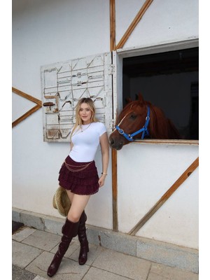 SEVENLINE Kadın Kat Kat Dantelli Kısa Etek Vişne Çürüğü - S