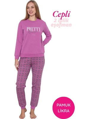 Guava Kadın Pembe Bisiklet Yaka Bilek Manşet 2 İplik Cepli Kışlık Jogger Eşofman Pijama Takımı Homewear