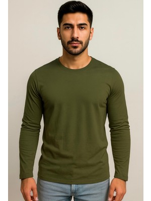Axxel Erkek Haki Pamuklu Likralı Süprem Uzun Kollu T-SHIRT-D240