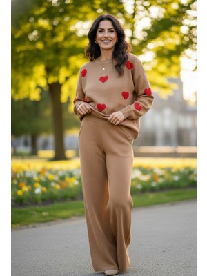 Yusgos Kadın Uzun Kol Kalpli Bisiklet Yaka Triko Kazak Pantolon Takım