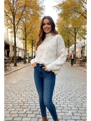 Yusgos Kadın Yarım Balıkçı Yaka Balon Kol Oversize Yüksek Kaliteli Kışlı