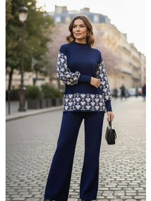 Yusgos Kadın Kalp Desenli Alt Üst Pantolon Kazak Triko Takım