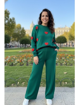 Yusgos Kadın Uzun Kol Kalpli Bisiklet Yaka Triko Kazak Pantolon Takım